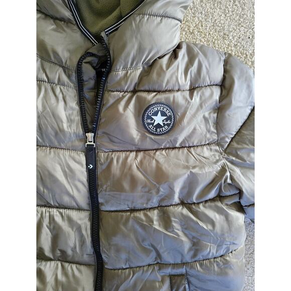 Converse All Star Army Olive Green Puffer Quilted Winter Jacket Logo Boy's Lg - Picture 3 of 5